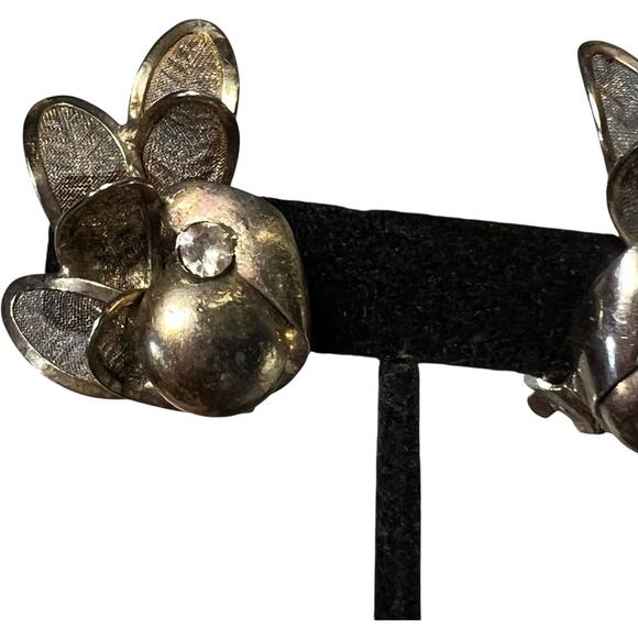 Vintage Bronze Flower Clip On Earrings Statement Petals Crystal Center - Picture 11 of 12